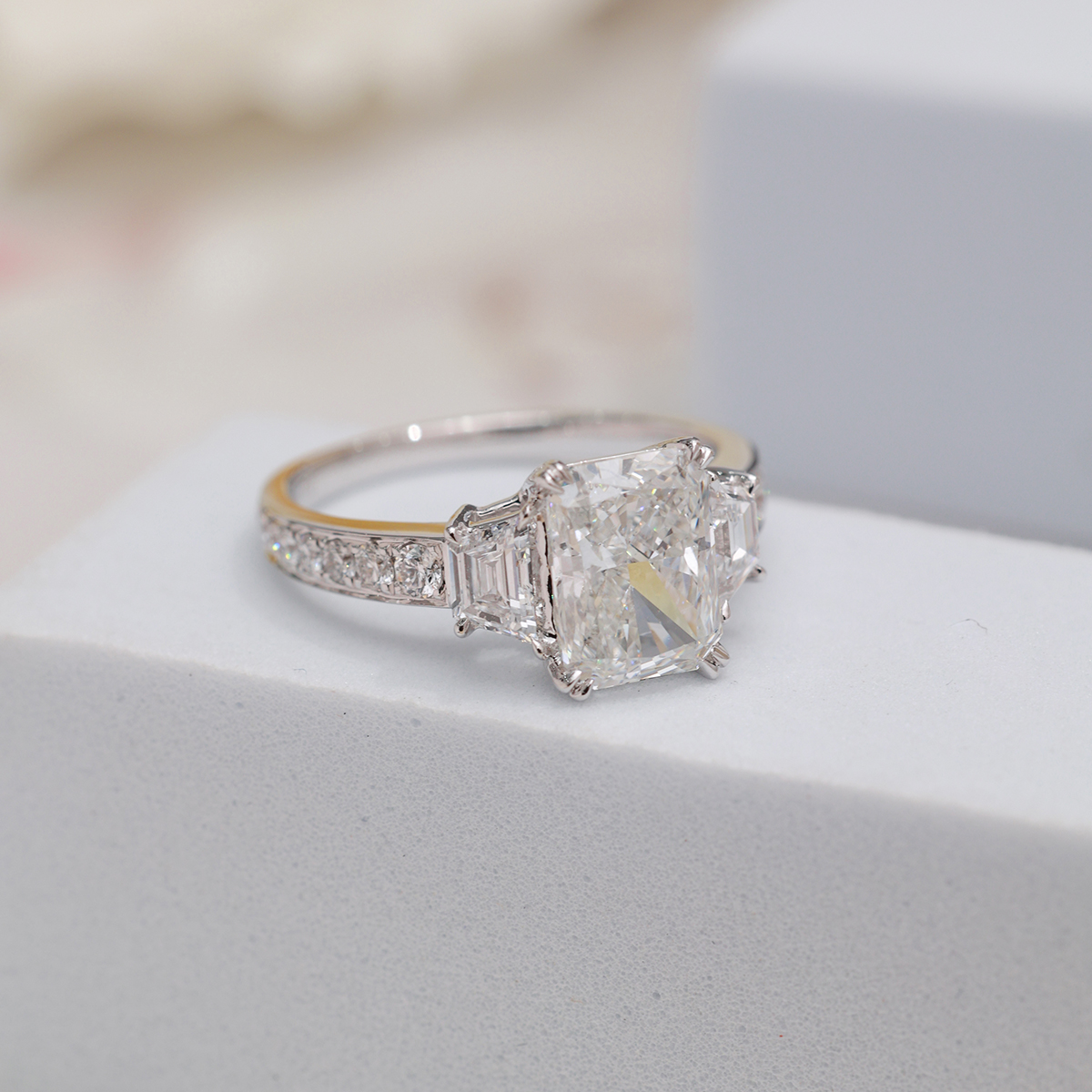 2 Carat Center Stone Radiant Cut Lab Grown Diamond Three Stone Channel  Band Engagemnet Ring (2.8 Ct Tw)-Light Mark