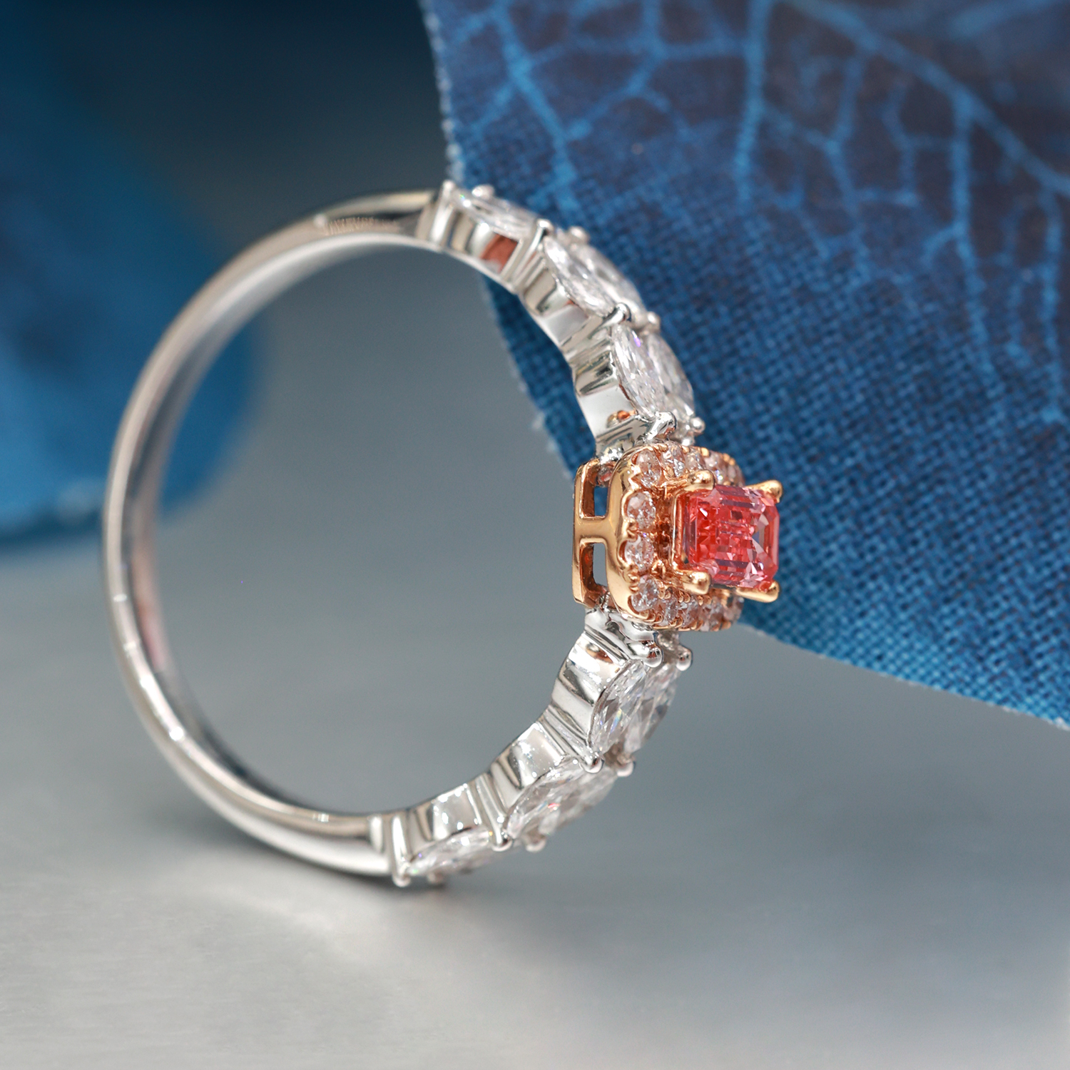 Retro Halo Pink Emerald Cut Lab Grown Diamond Double Row Ring  ( 0.7 Ct Tw)