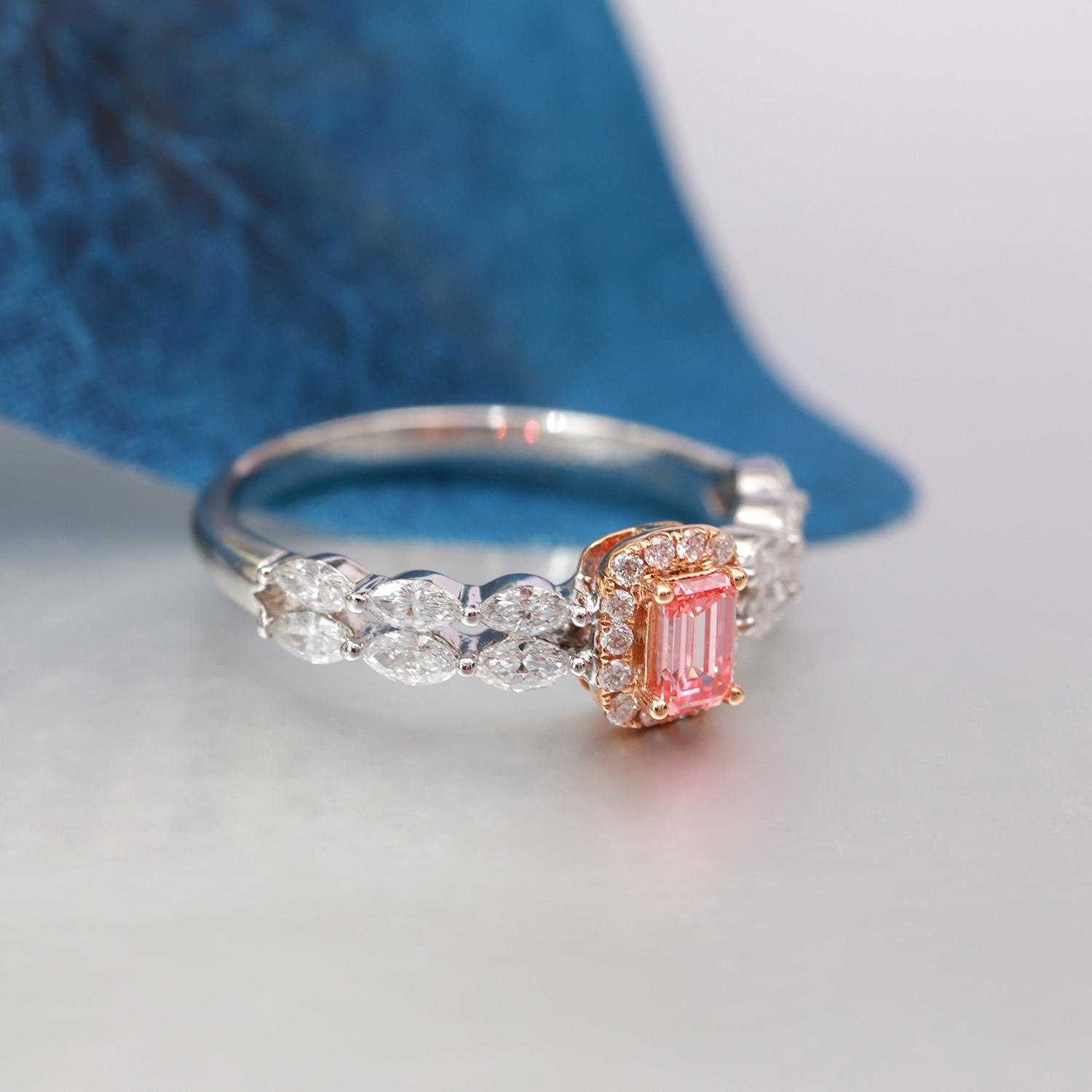 Retro Halo Pink Emerald Cut Lab Grown Diamond Double Row Ring  ( 0.7 Ct Tw)