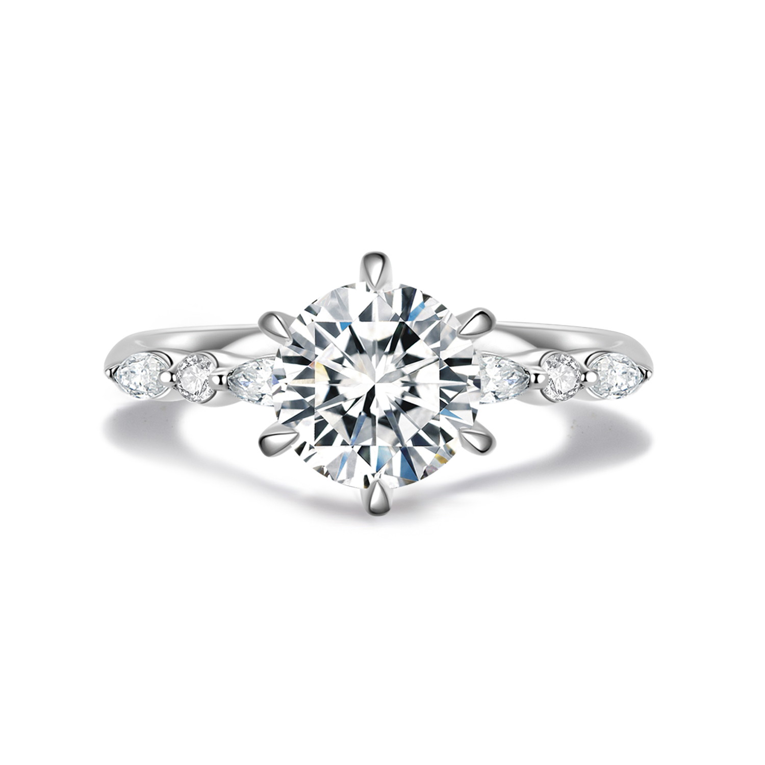 6 Prong Round Cut Lab Grown Diamond with Half Bezel Beaded Diamond Band Engagement Ring in 18k Gold