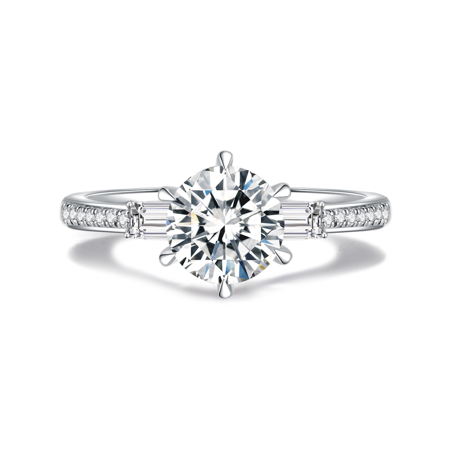 Brilliant Round Cut Lab Grown Diamond with Baguette Diamond Side Stone Engagement Ring in 18k Gold