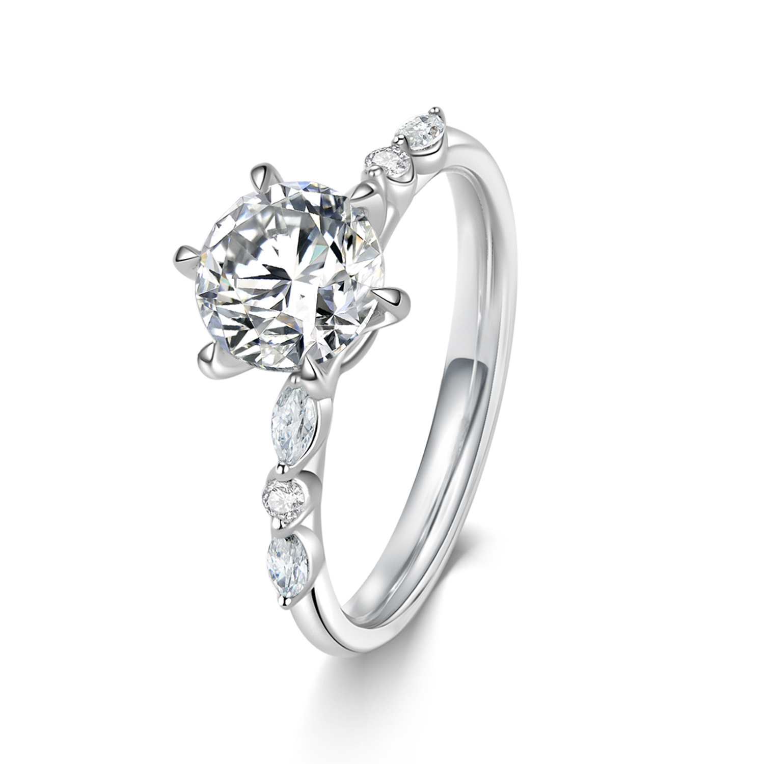 6 Prong Round Cut Lab Grown Diamond with Half Bezel Beaded Diamond Band Engagement Ring in 18k Gold