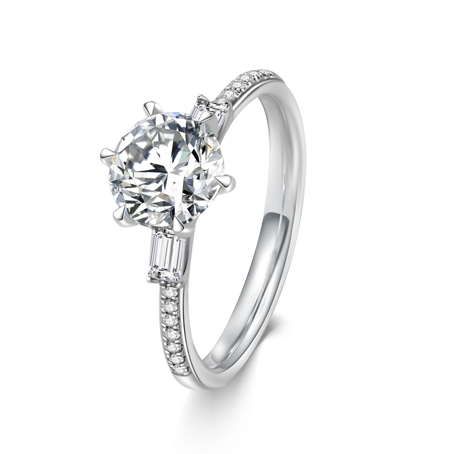 Brilliant Round Cut Lab Grown Diamond with Baguette Diamond Side Stone Engagement Ring in 18k Gold