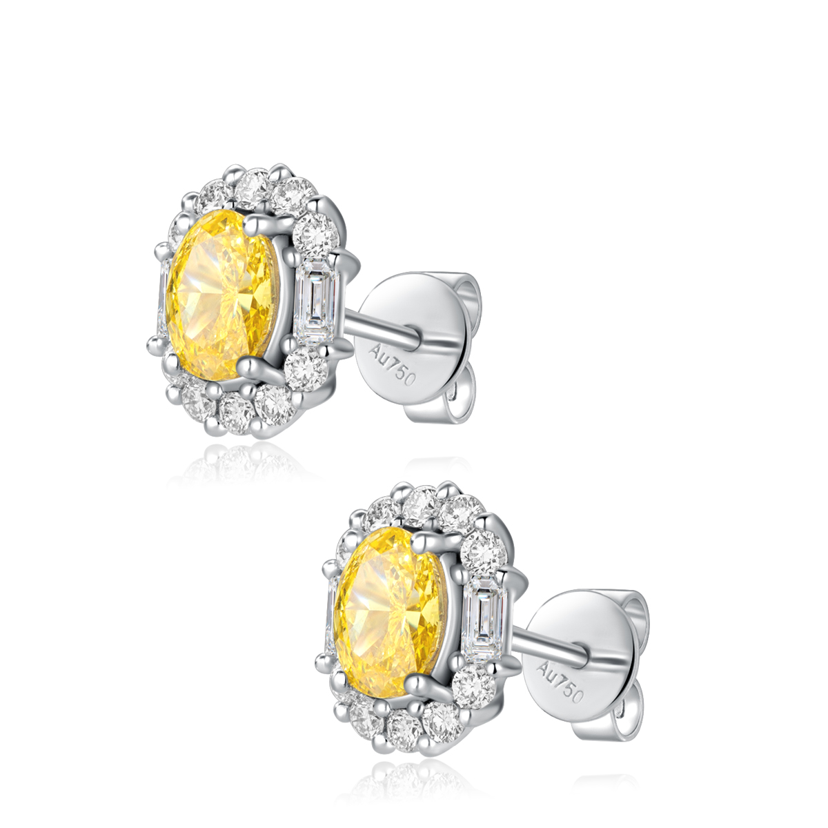 IGI Certificated 1.2 Carat Total Weight Halo Oval Cut Yellow Diamond Stud Earrings in 18k White Gold