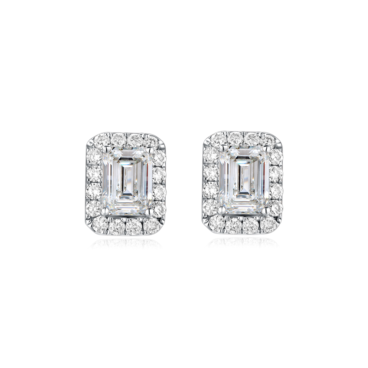 1 Carat Total Weight Halo Emerald Cut Lab Grown Diamond Stud Earrings in 18k White Gold