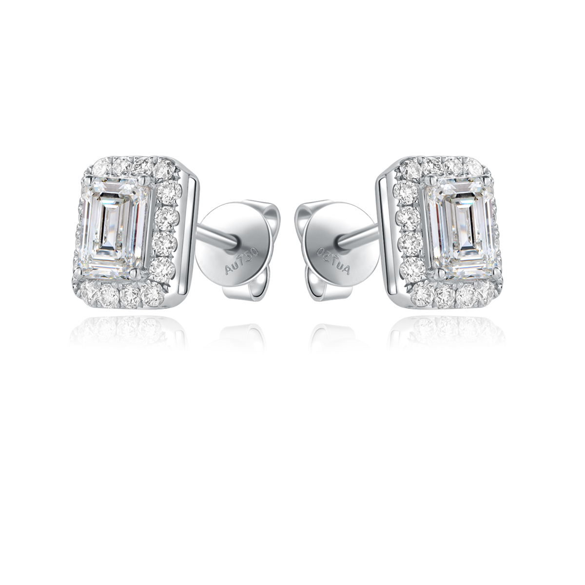 1 Carat Total Weight Halo Emerald Cut Lab Grown Diamond Stud Earrings in 18k White Gold