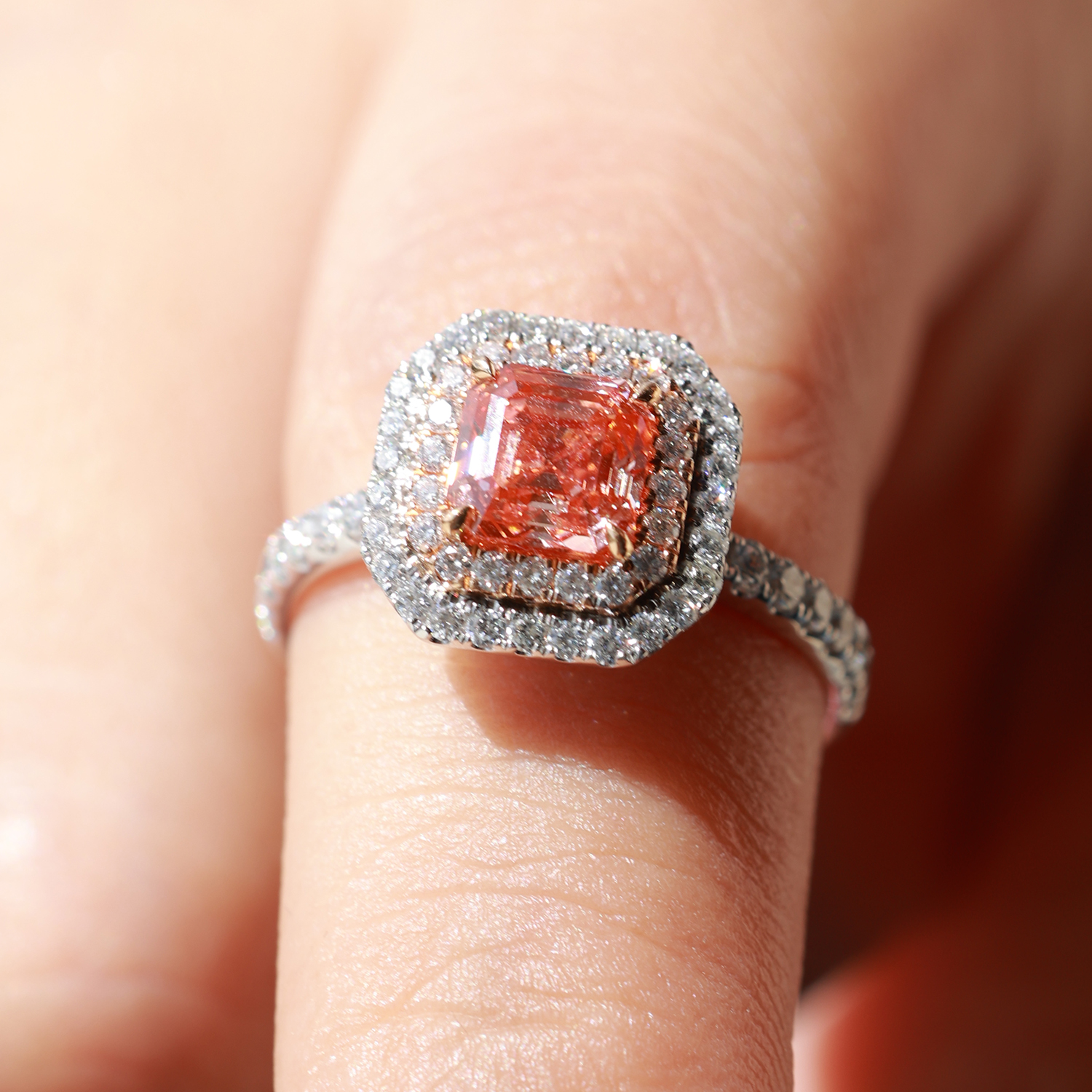 1 Carat Pink Radiant Cut Lab Grown Diamond Center Stone Double Halo Enagegement Ring in 18k Gold ( 1.5 Ct Tw)