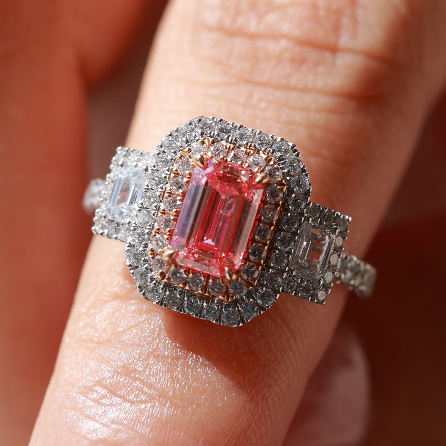 0.8 Carat Center Diamond Halo Emerald Cut Pink Lab Three Stone Engagement Ring in 18k Gold ( 1.7 Ct Tw)