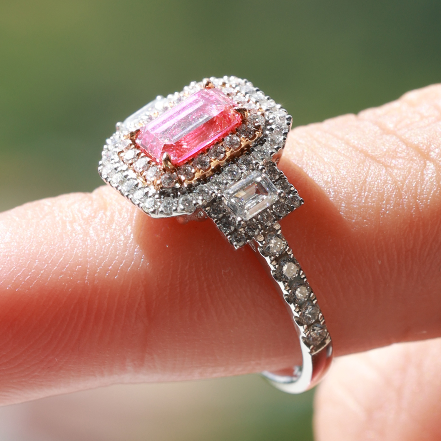 0.8 Carat Center Diamond Halo Emerald Cut Pink Lab Three Stone Engagement Ring in 18k Gold ( 1.7 Ct Tw)