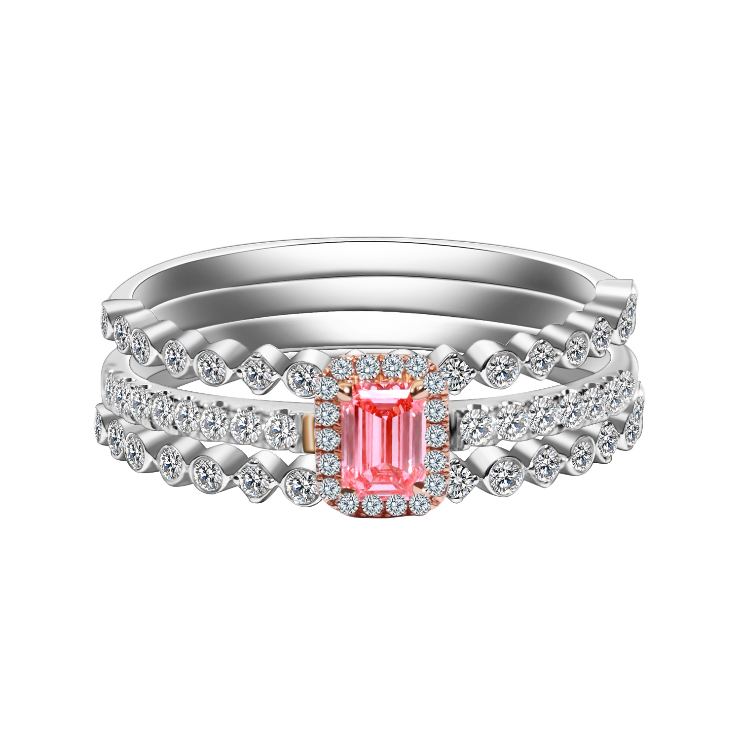 Pink Emerald Cut Lab Grown Diamond 3 Peices Bridal Set Rings( 0.6 Ct Tw)