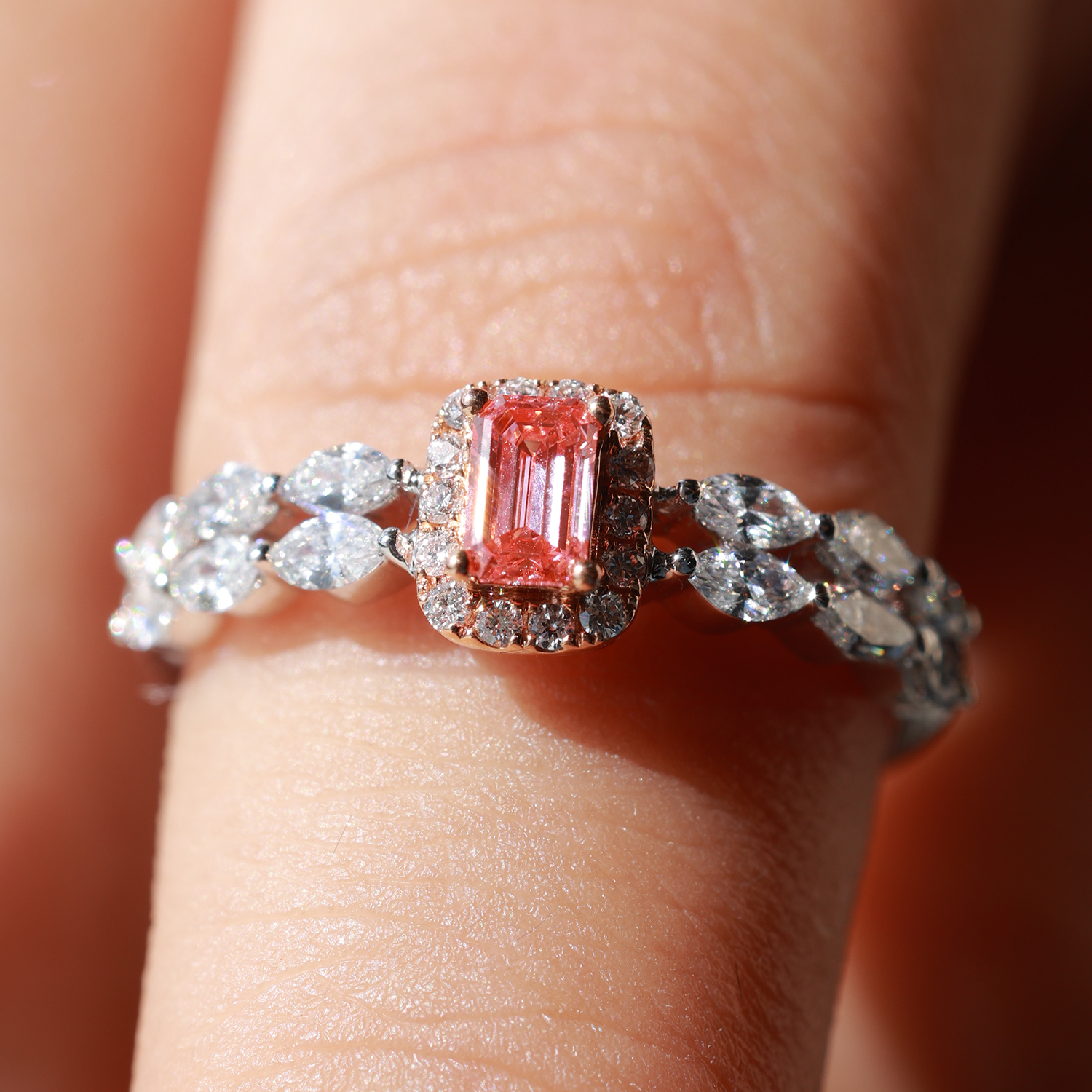 Retro Halo Pink Emerald Cut Lab Grown Diamond Double Row Ring  ( 0.7 Ct Tw)