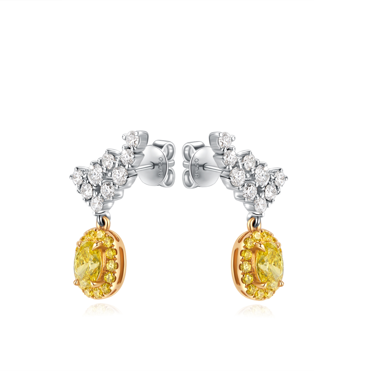1.3 Carat Total Weight Halo Oval Cut Yellow Diamond and White Diamond Earrings in 18k White Gold