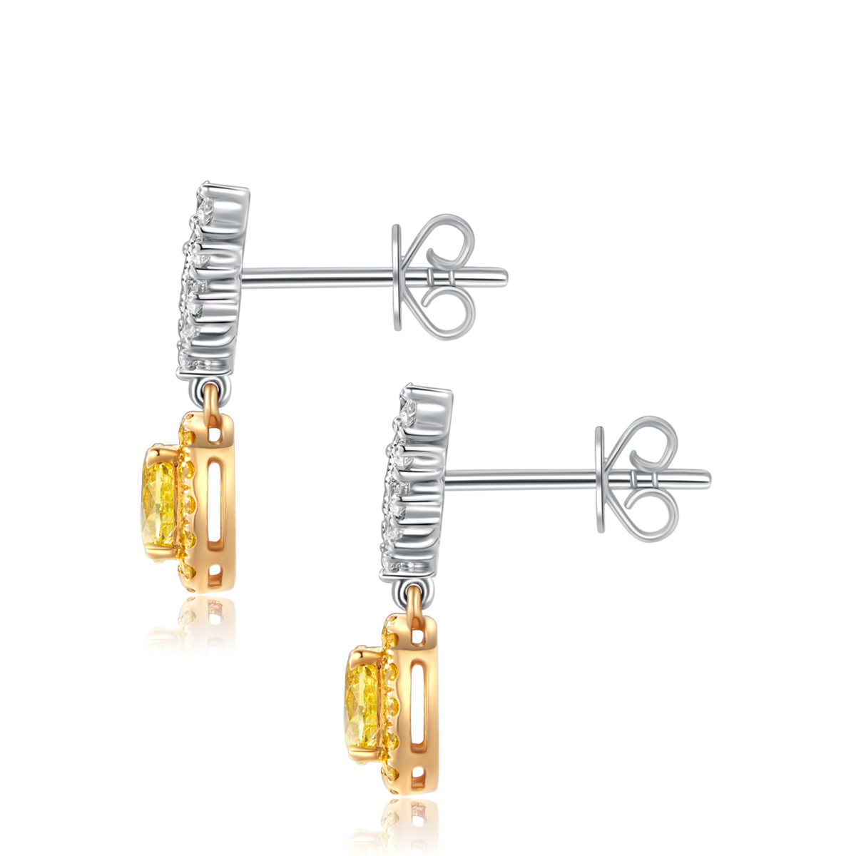 1.3 Carat Total Weight Halo Oval Cut Yellow Diamond and White Diamond Earrings in 18k White Gold