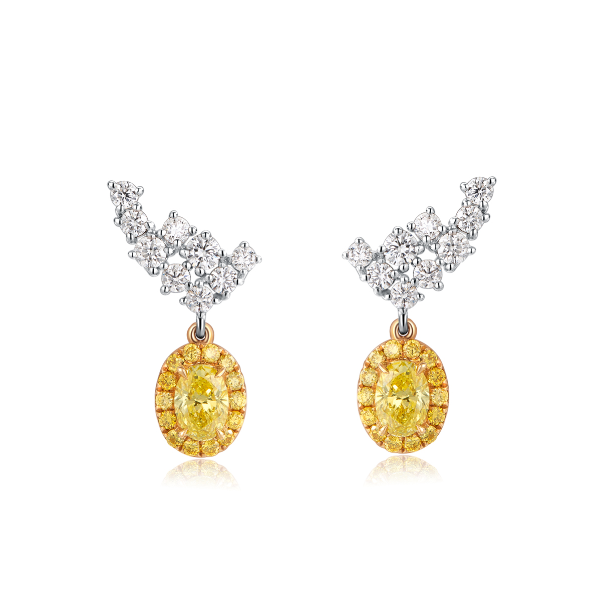1.3 Carat Total Weight Halo Oval Cut Yellow Diamond and White Diamond Earrings in 18k White Gold