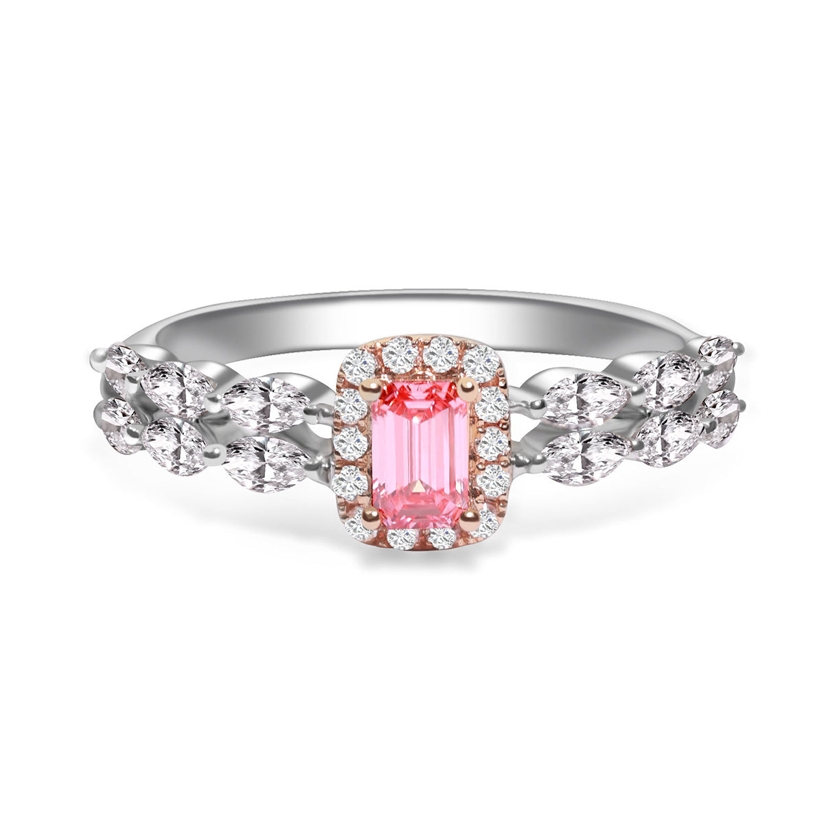 Retro Halo Pink Emerald Cut Lab Grown Diamond Double Row Ring  ( 0.7 Ct Tw)