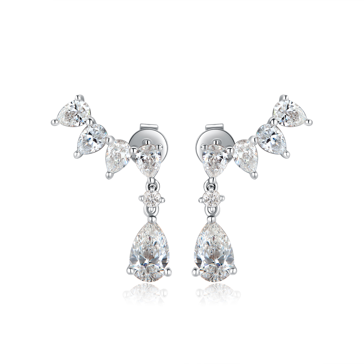 1.8 Carat Total Weight Pear Cut Diamond Curled Leaf Drop Ear Climber Earrings in 18k White Gold