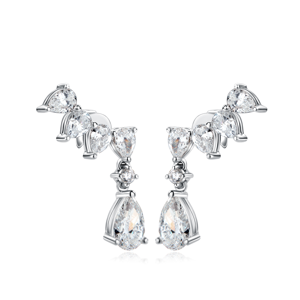 1.8 Carat Total Weight Pear Cut Diamond Curled Leaf Drop Ear Climber Earrings in 18k White Gold