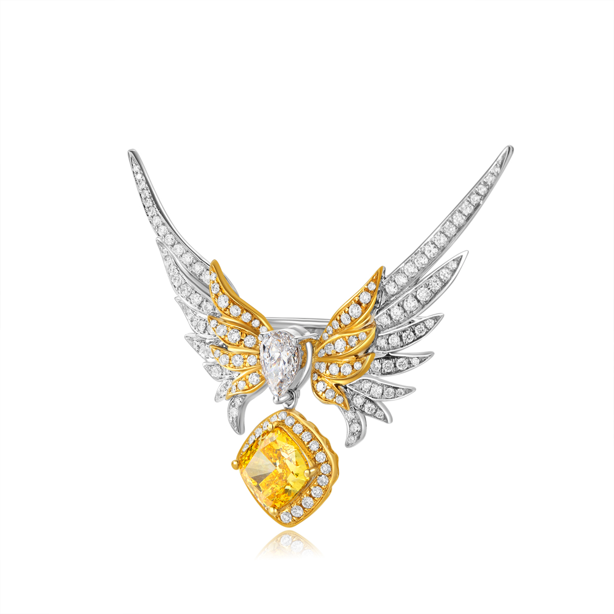 1.5 Carat Center Stone Cushion Cut Yellow Diamond Drop with Double Layers Diamond Victory Wings Brooch (2.5 Ct Tw)-Light Mark