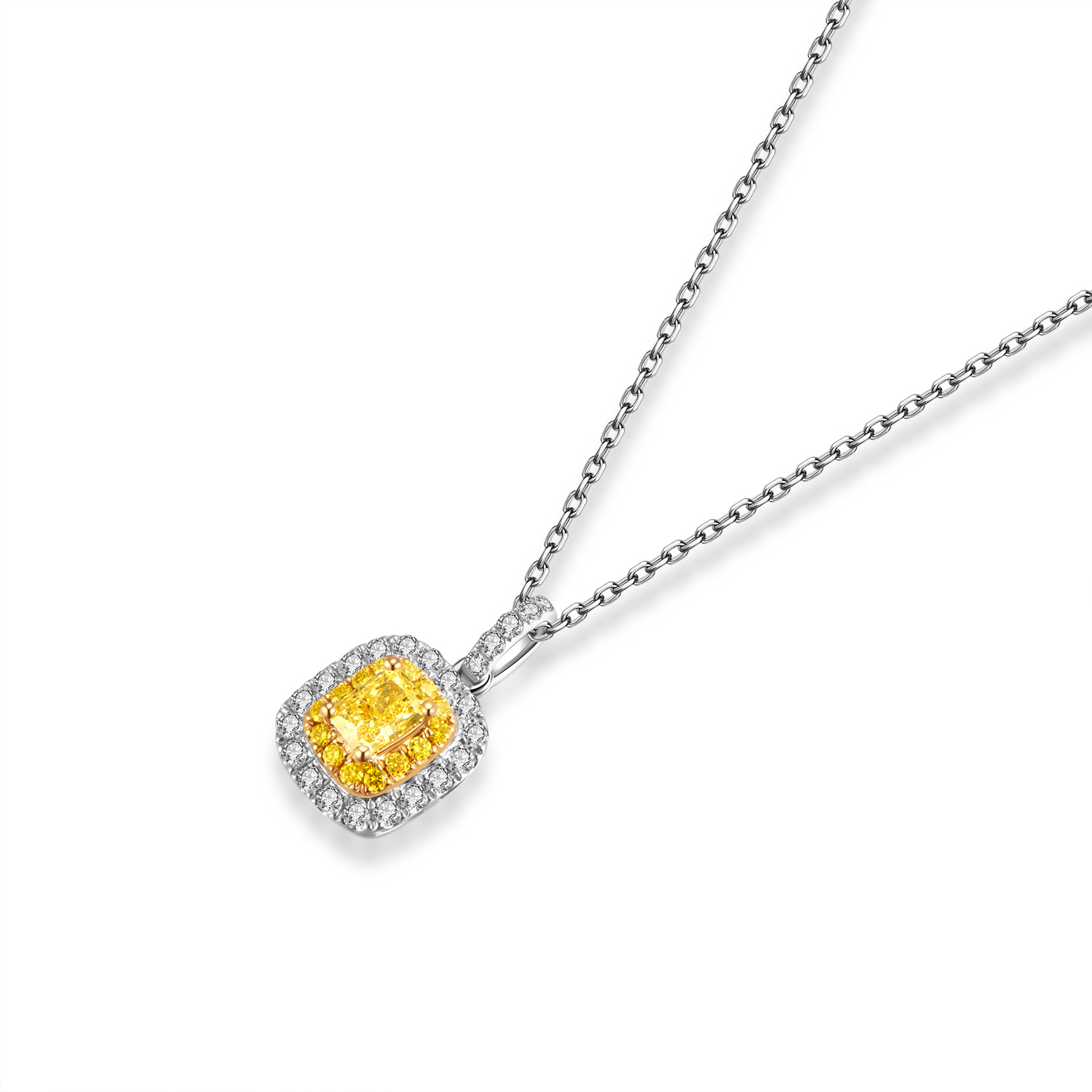 Halo Yellow Cushion Cut Lab Grown Diamond Pendant Necklace in 18k Gold ( 0.6 Ct Tw)