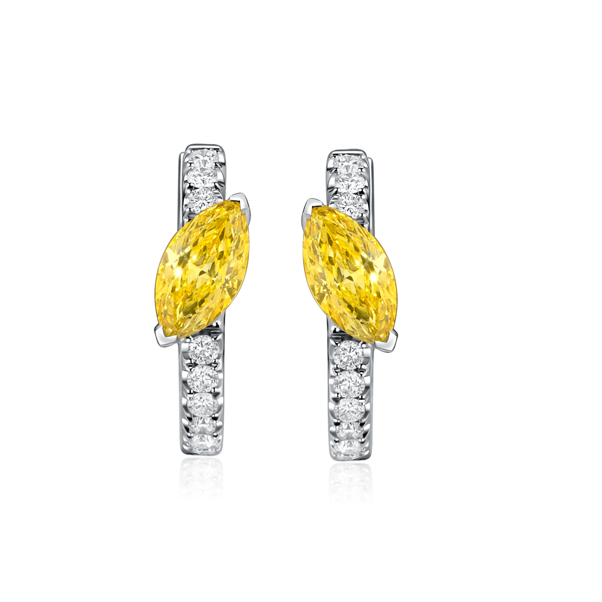 1.3 Carat Total Weight Marquise Cut Yellow and White Lab Grown Diamond Leaf Huggies Hoop Earrings-Light Mark
