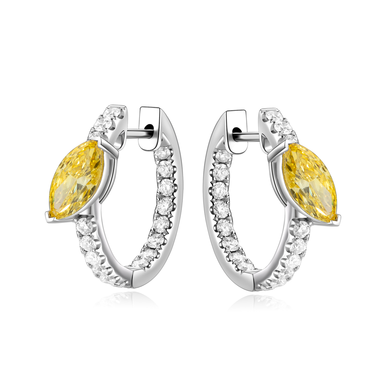 1.3 Carat Total Weight Marquise Cut Yellow and White Lab Grown Diamond Leaf Huggies Hoop Earrings-Light Mark