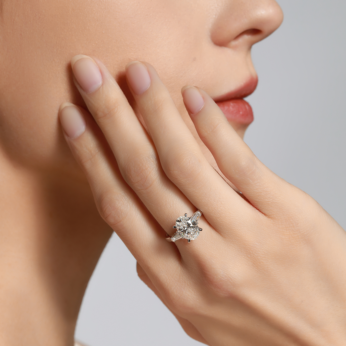 2.8 Ct. Tw. Oval Cut Lab Grown Diamond Modern Three Stone Design  Engagement Ring In 18k White Gold