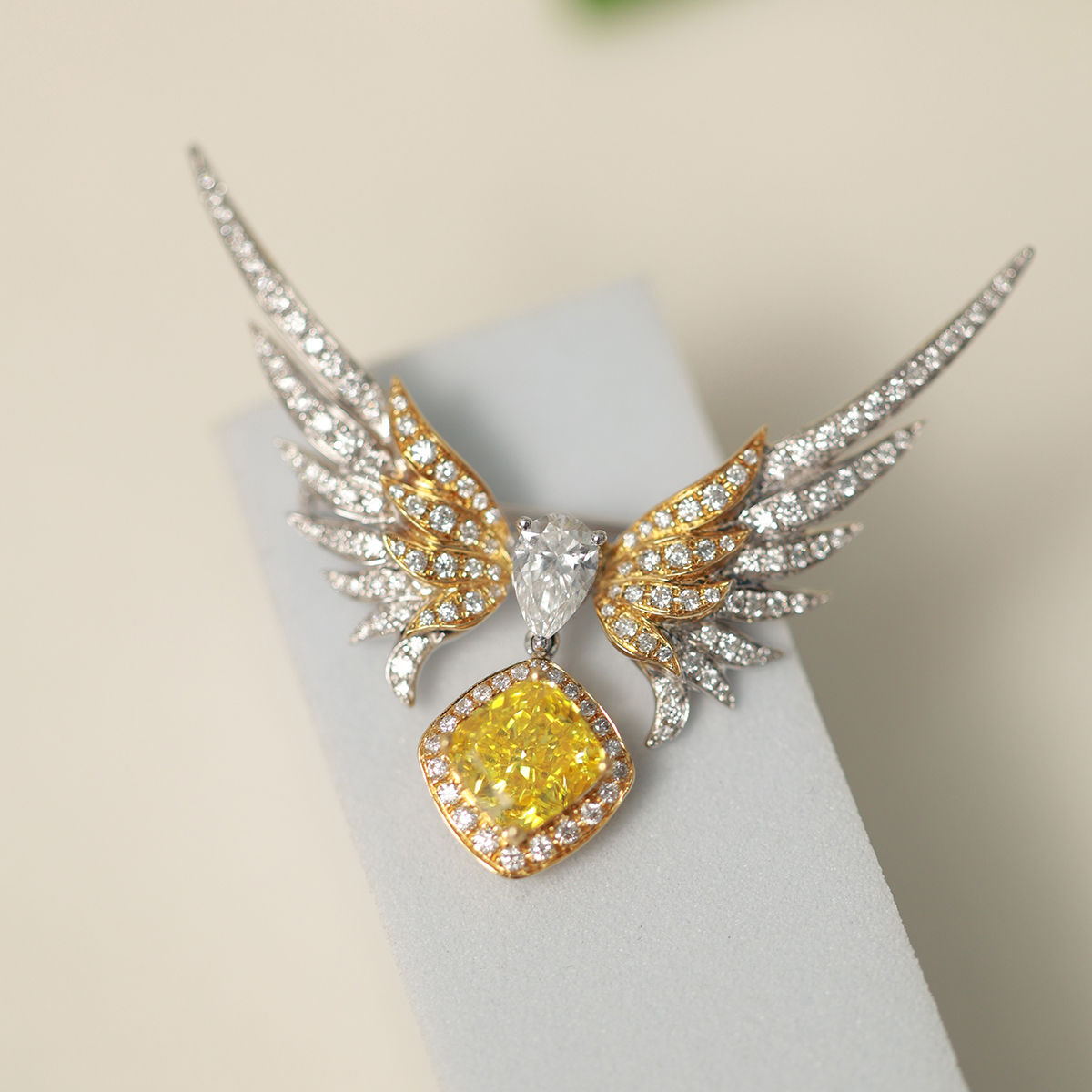 1.5 Carat Center Stone Cushion Cut Yellow Diamond Drop with Double Layers Diamond Victory Wings Brooch (2.5 Ct Tw)-Light Mark