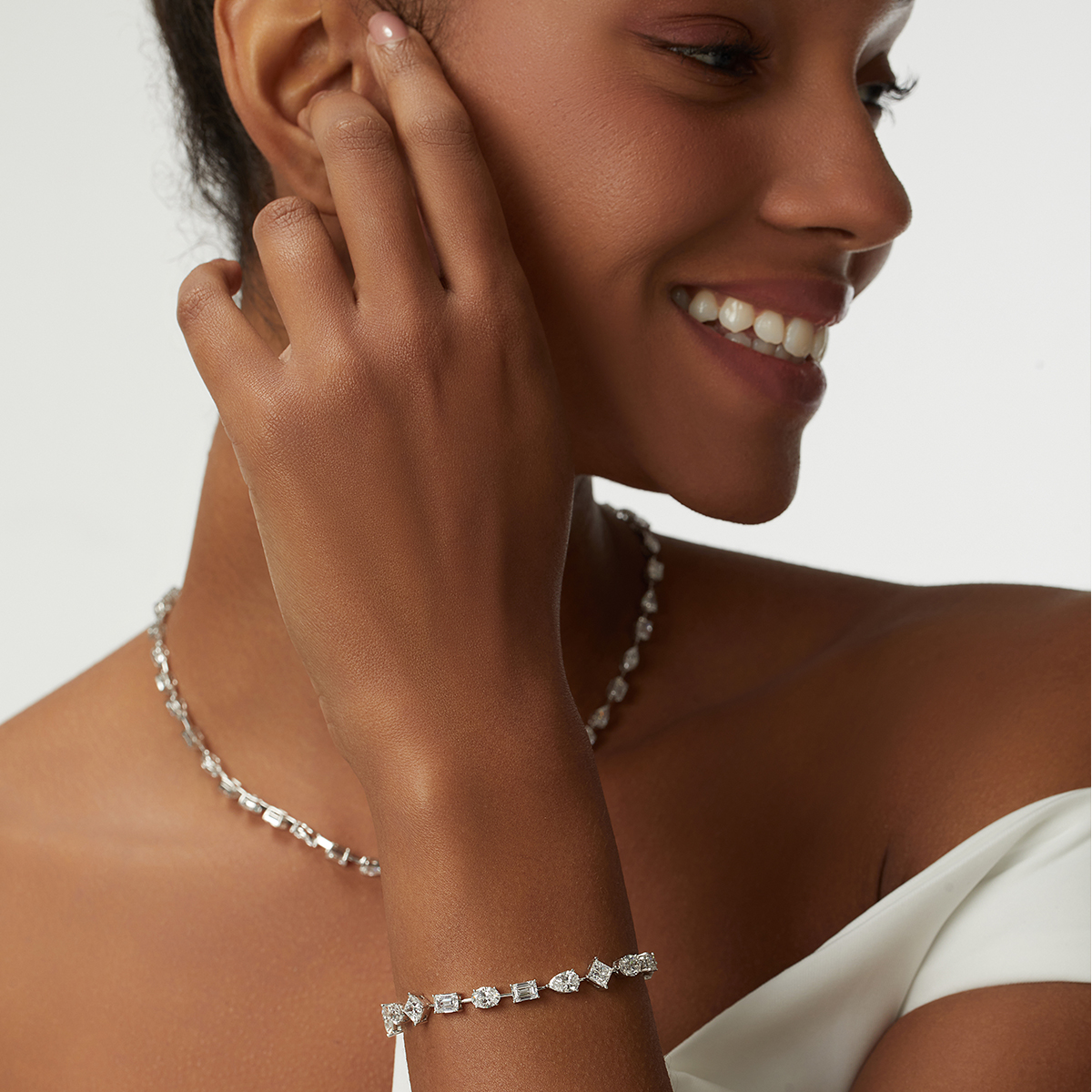 10 Carat Total Weight Multi-shaped Lab Grown Diamond Tennis Bracelet in 18k White Gold