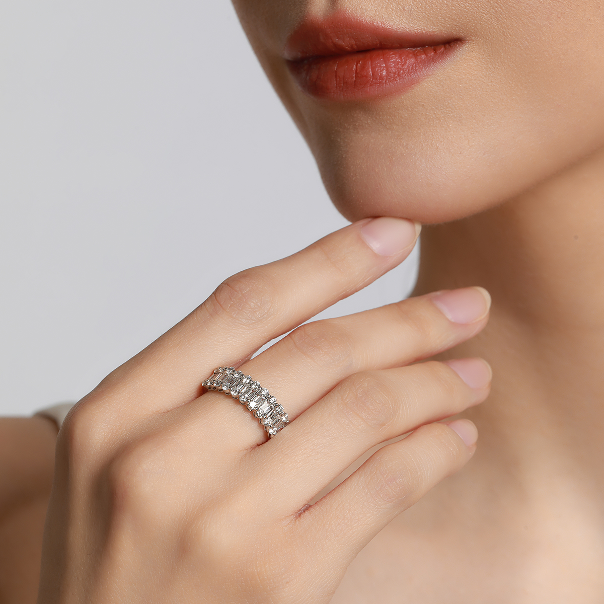 1.2 Carat Total Weight 3 Row Baguette Lab Grown Diamond Wedding Ring Half Eternity Band Ring In 18k White Gold-Light Mark