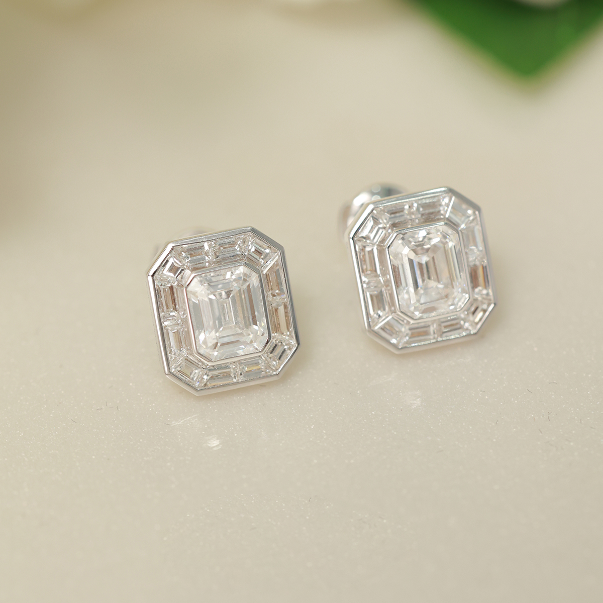 3.6 Carat Total Weight Halo Emerald Cut Lab Grown Diamond Stud Earrings in 18k White Gold