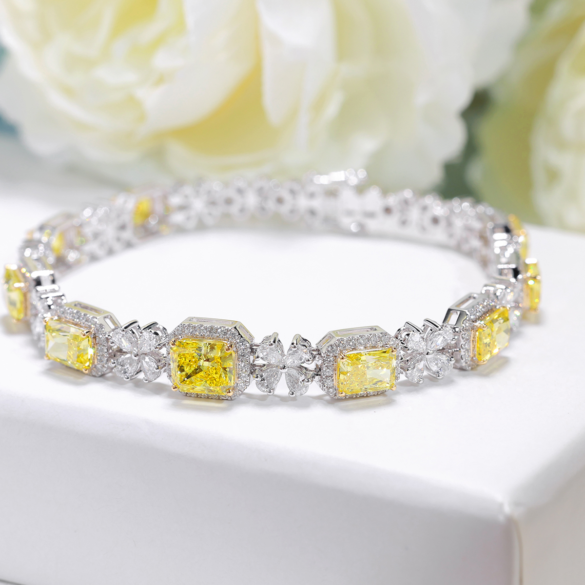 10.3 Carat Total Weight Halo Yellow Radiant Cut Lab Grown Diamond Floral Cocktail Bracelet -Light Mark
