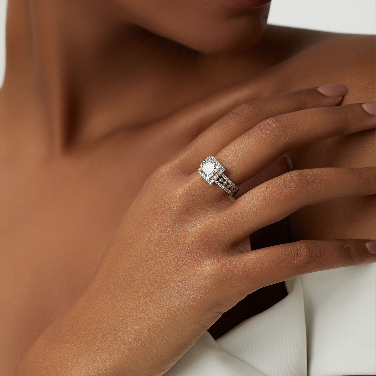1.8 Carat Center Stone Halo Princess Cut Lab Grown Diamond Filigree Pave Engagement Diamond (2.2 Ct Tw)-Light Mark