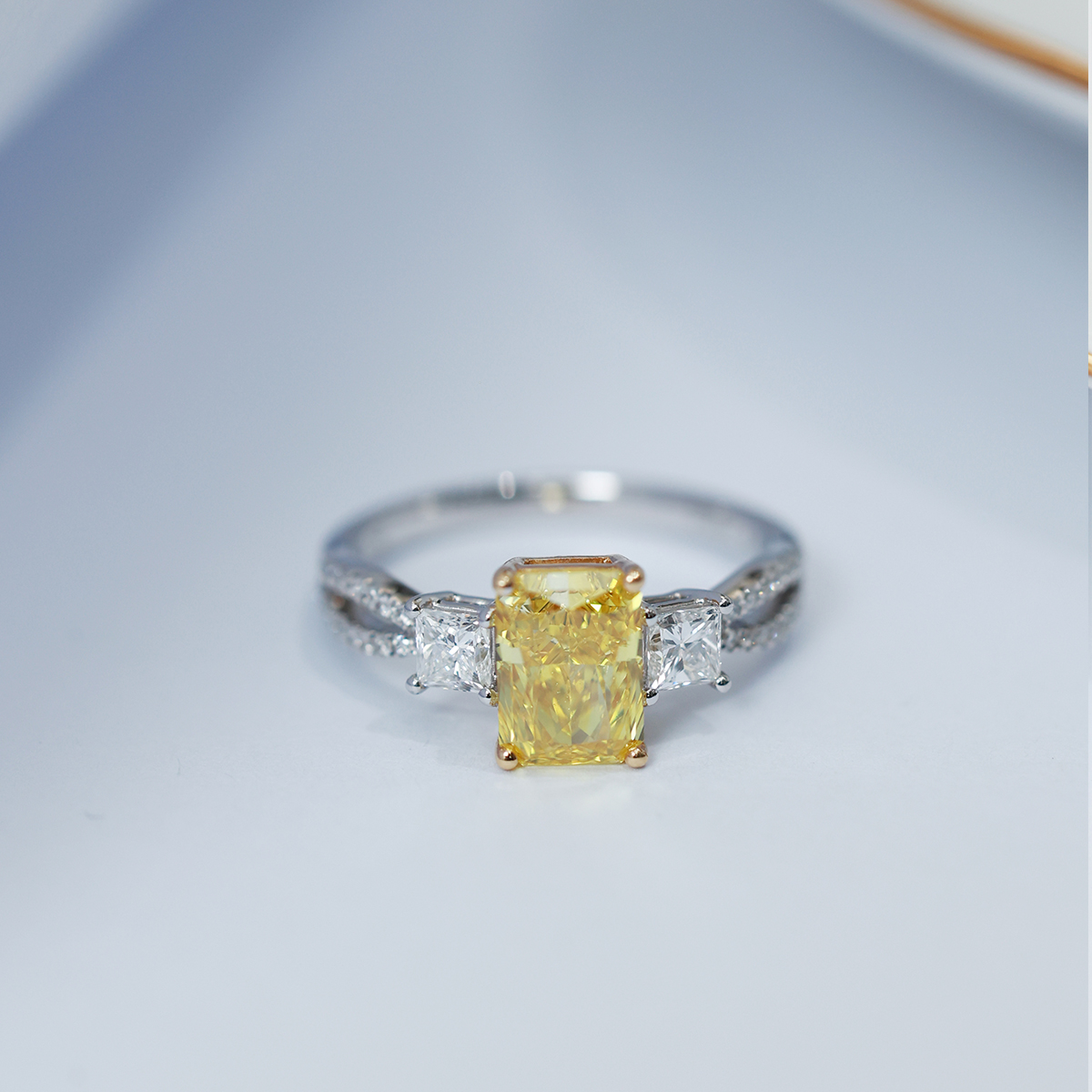 1.6 Carat Center Stone Yellow Radiant Cut Lab Grown Diamond Three Stone Engagement Ring (2.2 Ct Tw)-Light Mark