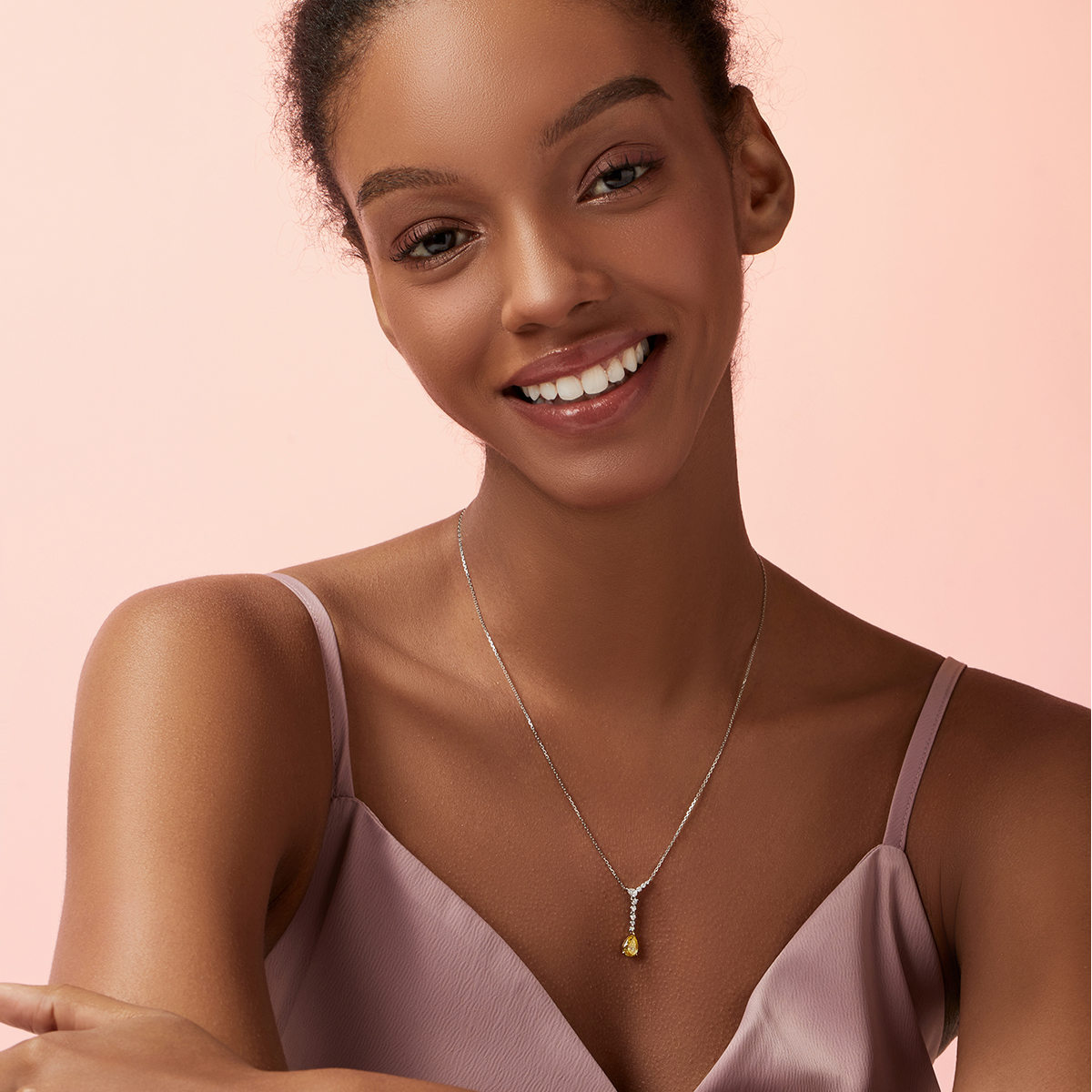 1.1 Carat Total Weight Pear Cut Yellow and White Lab Grown Diamond Teardrop Pendant Necklace-Light Mark