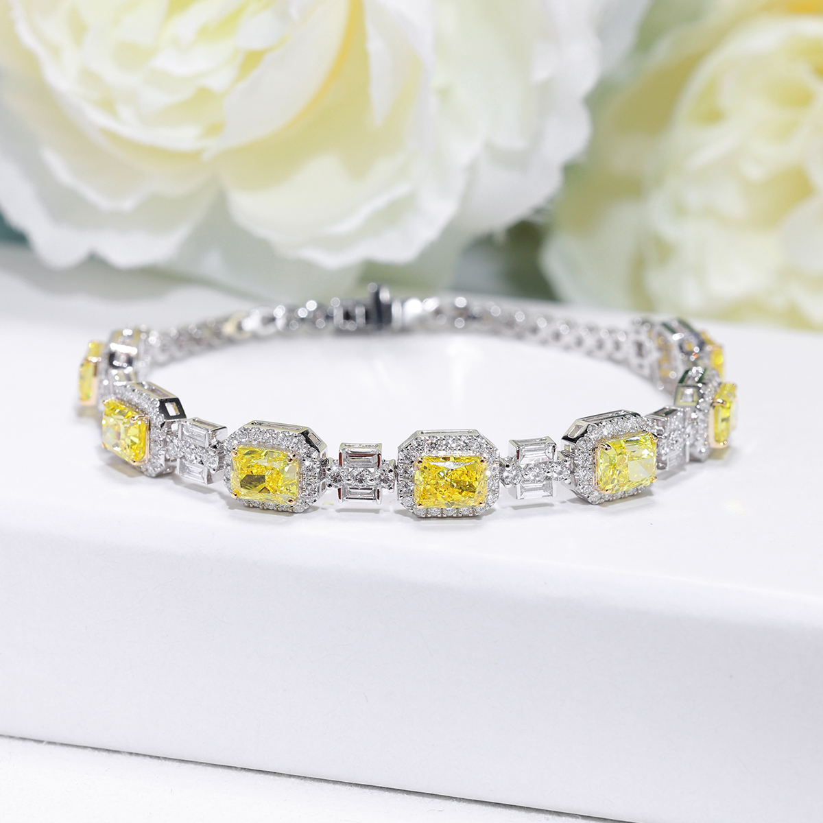 8.3 Carat Total Weight Yellow and White Halo Radiant Cut Lab Grown Diamond Mix Shape Bracelet-Light Mark