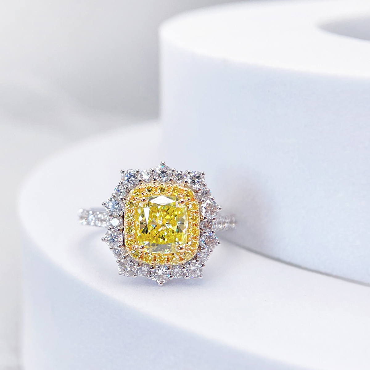 1.4 Carat Total Weight Yellow Radiant Cut Lab Grown Diamond Halo Engagement Ring in 18k White Gold