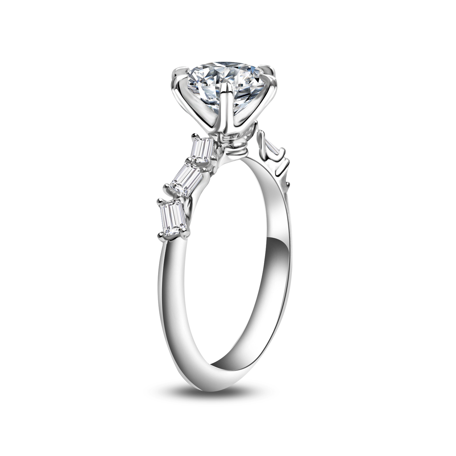 Round Cut Lab Grown Diamond With Geometric Accent Baguette Diamond Band Engagement Ring In 18k Gold