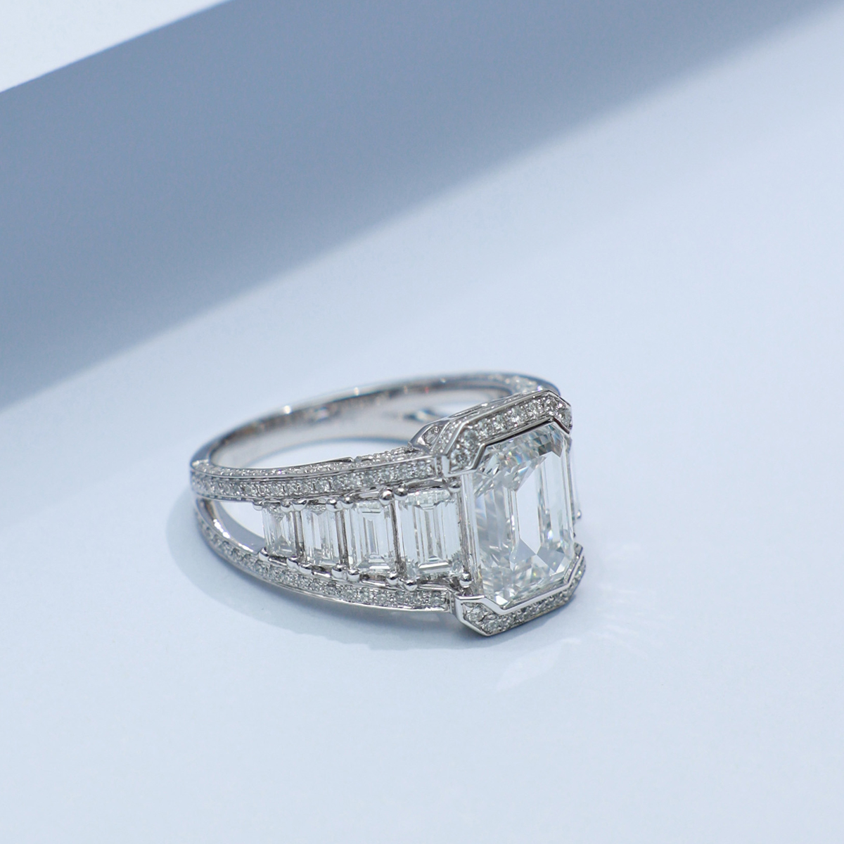 3 Carat Center Stone Emerald Cut Lab Grown Diamond Designer Split Shank Engagement Ring (4.7 Ct Tw)-Light Mark