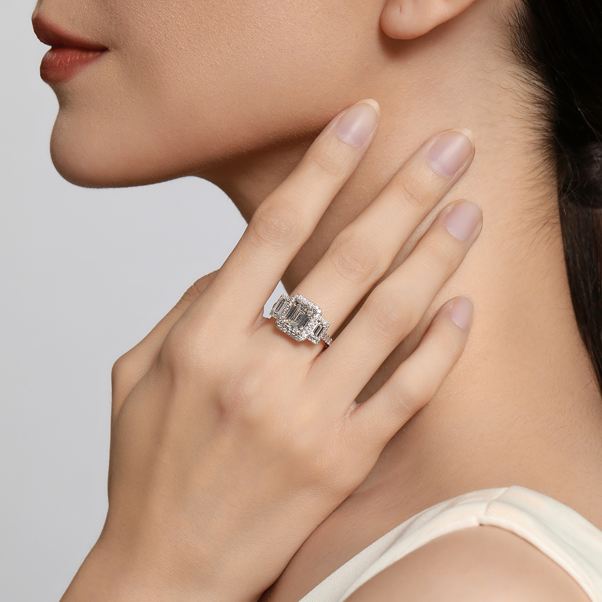 2.5 Carat Center Stone Three Stone Halo Emerald Cut Lab Grown Diamond Engagement Ring (3.4 Ct Tw) -Light Mark