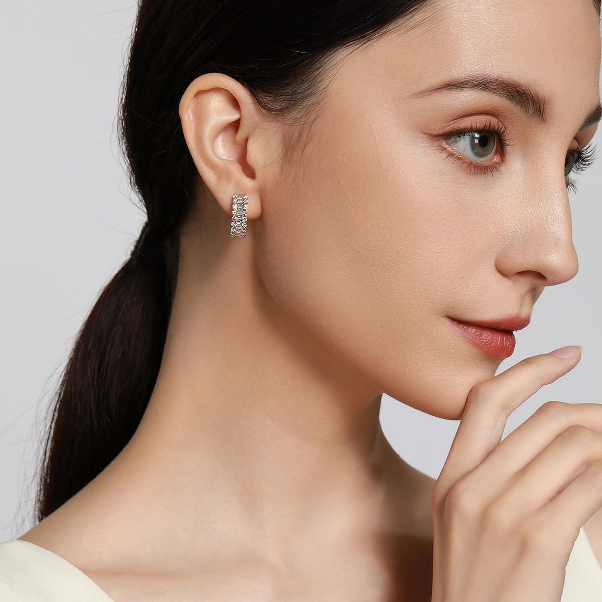 1.8 Carat Total Weight Baguette and Round Shape Lab Grown Diamond Huggies Earrings In 18k White Gold