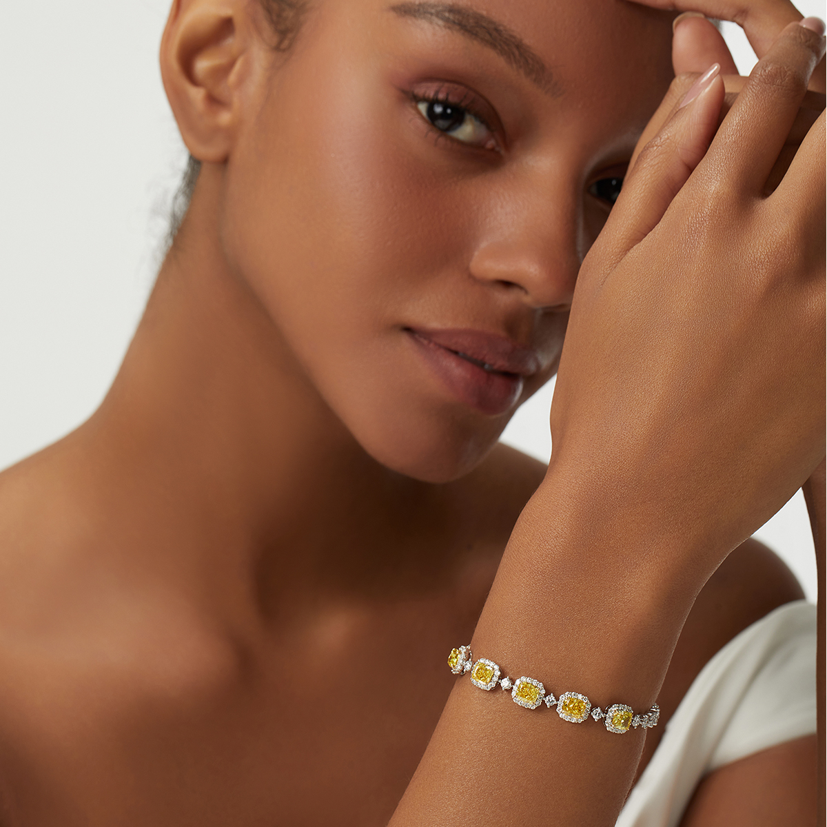 8 Carat Total Weight Cushion Cut Yellow and White Two Tone Lab Grown Diamond Bracelet in 18k White Gold-Light Mark