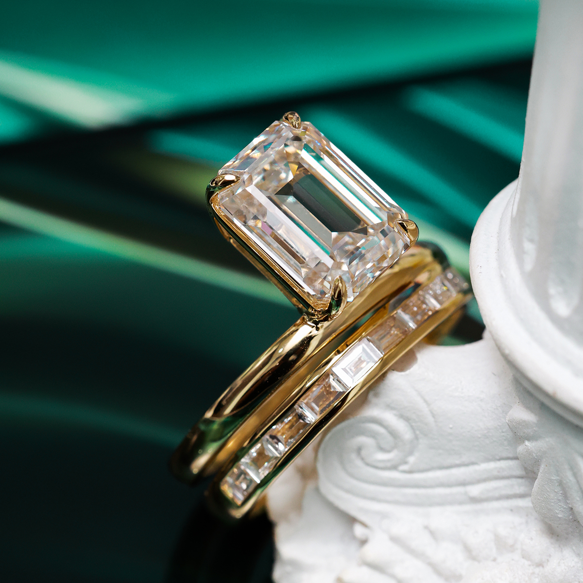 4 Carat Center Stone Emerald Cut Lab Grown Diamond Modern East West Engagement Ring  (4.5 Ct Tw)-Light Mark