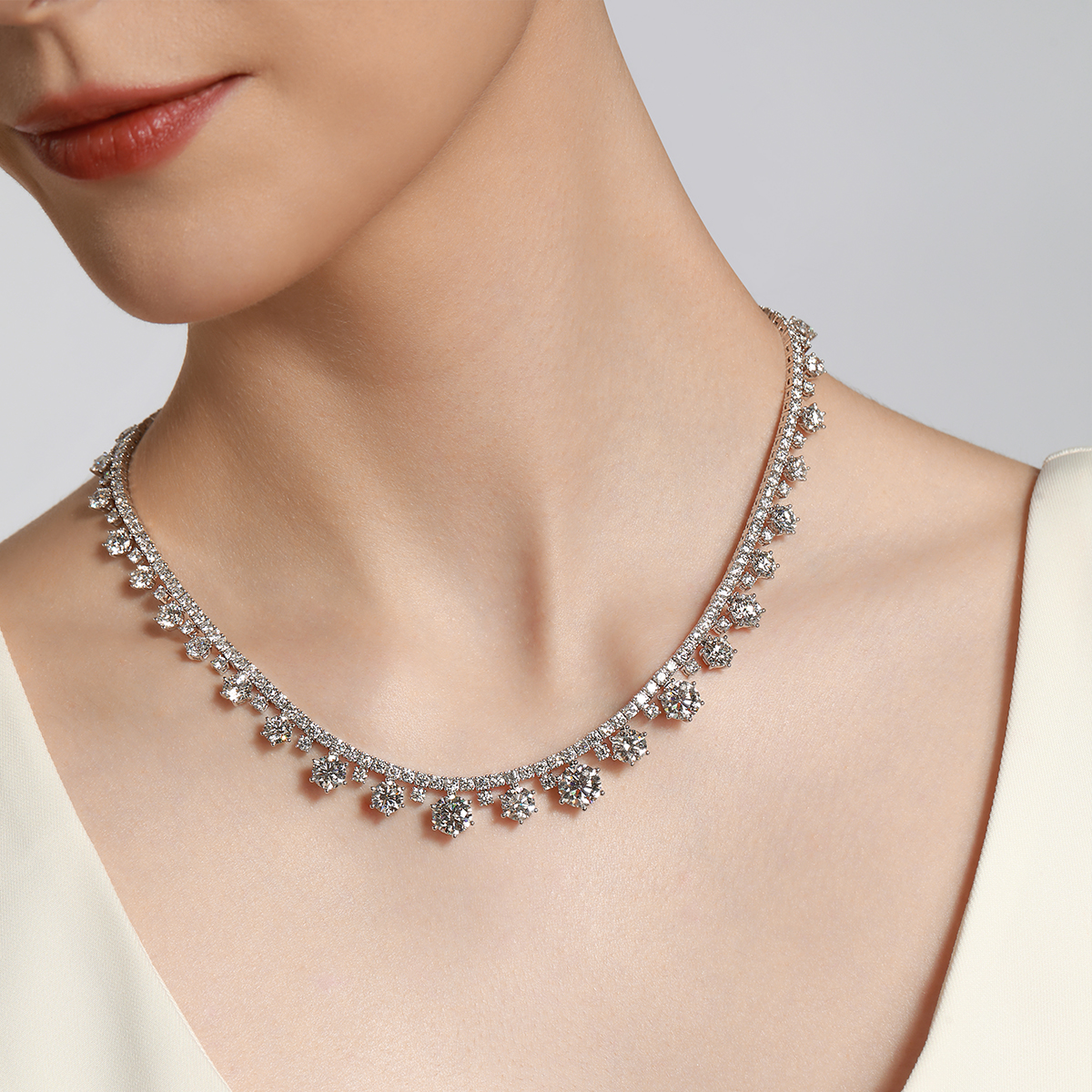 30.7 Carat Total Weight Graduated Round Cut Dangle Lab Grown Diamond Drops Riviera Necklace-Light Mark