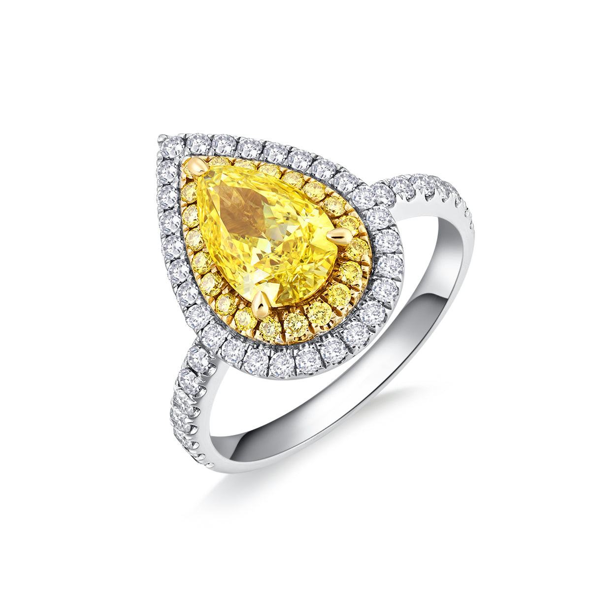 1.3 Carat Main Stone Double Halo Pear Cut Yellow Lab Grown Diamond Engagement Ring (1.8 Ct Tw)