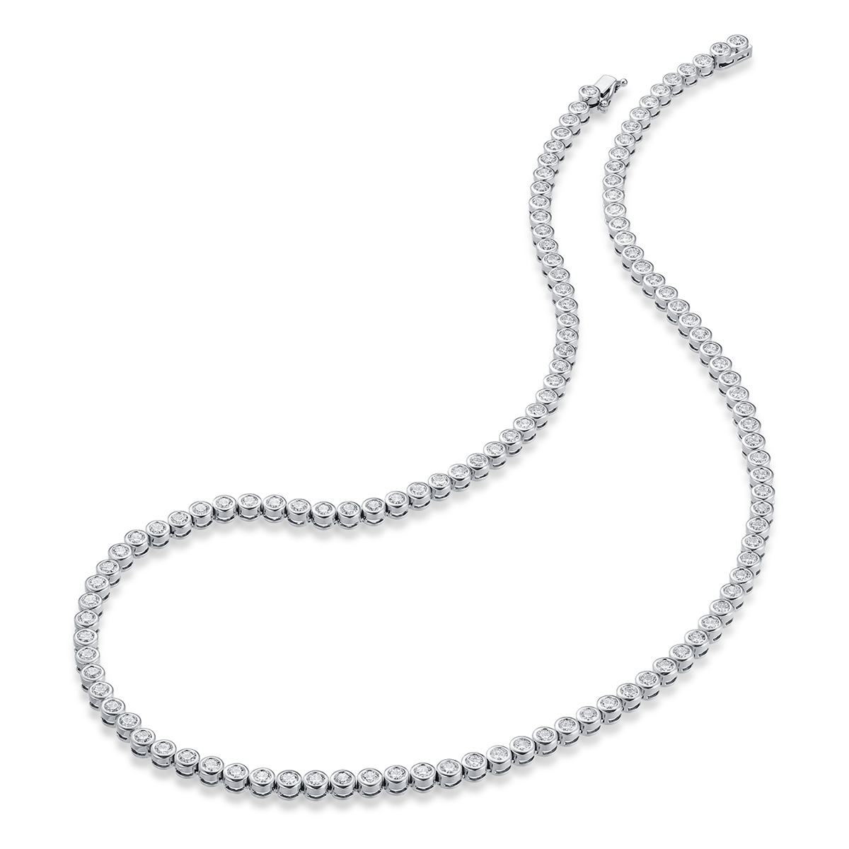 IGI Certified 7.9 Carat Round Cut Lab Grown Diamond Bezel Set Tennis Necklace in 18K White Gold