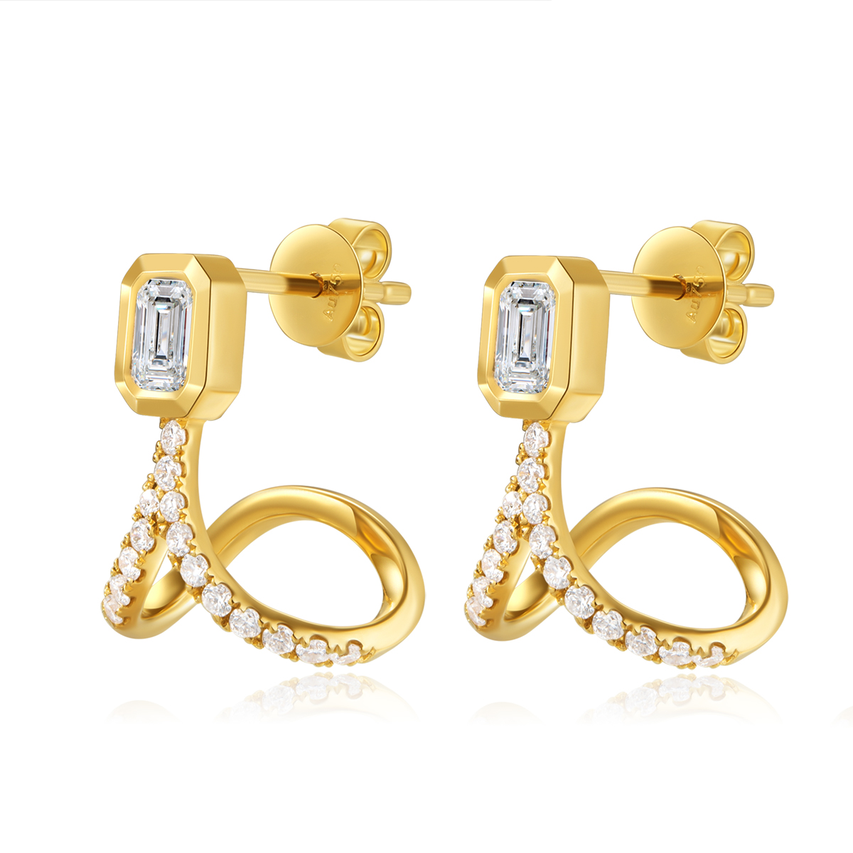 0.8 Total Carat Weight Bezel Set Emerald Cut Diamond Duo Pave Double Hoop Huggie Earrings-Light Mark