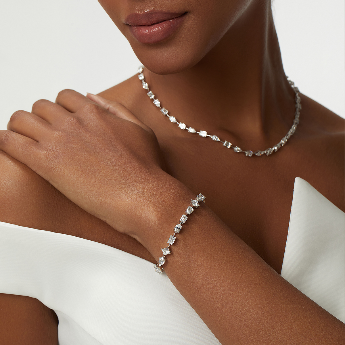 10 Carat Total Weight Multi-shaped Lab Grown Diamond Tennis Bracelet in 18k White Gold