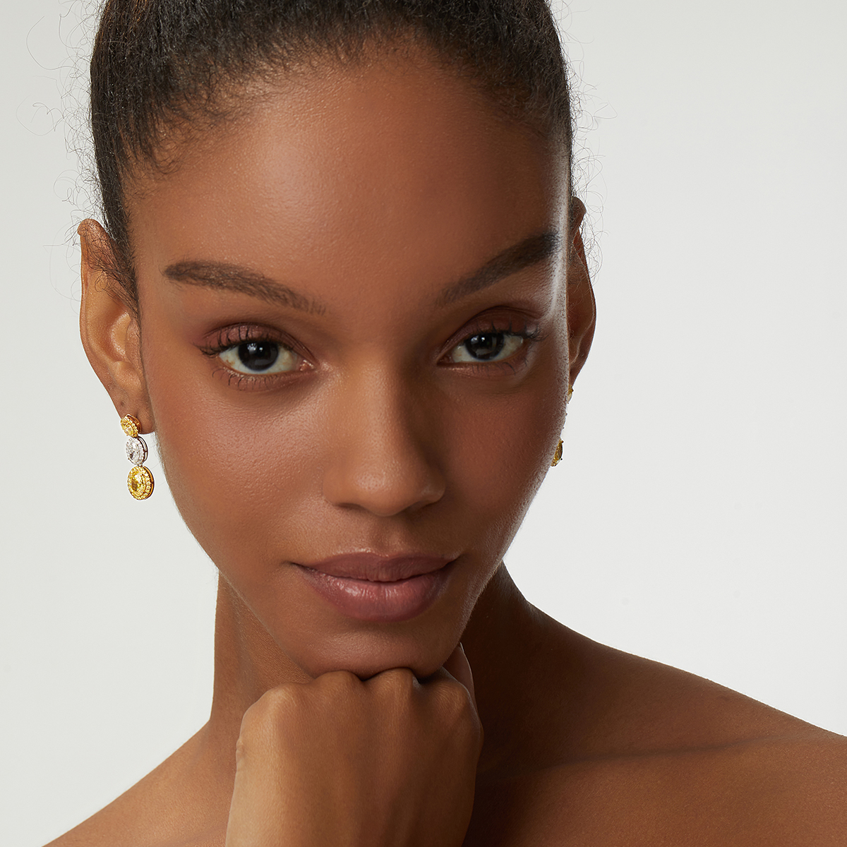 4.4 Carat Total Weight Halo Oval Three Stone Yellow and White Lab Grown Diamond Drop Earrings-Light Mark