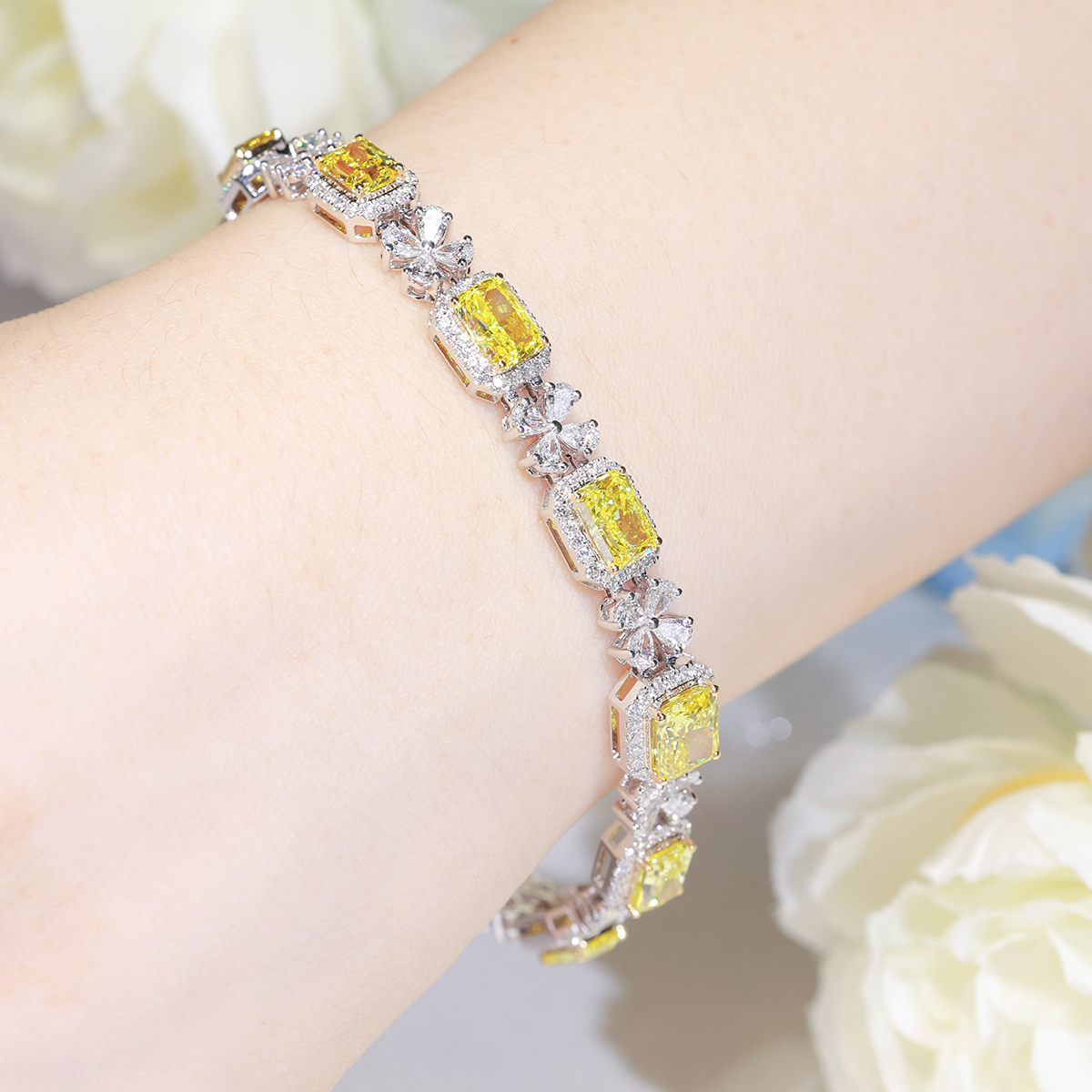 10.3 Carat Total Weight Halo Yellow Radiant Cut Lab Grown Diamond Floral Cocktail Bracelet -Light Mark