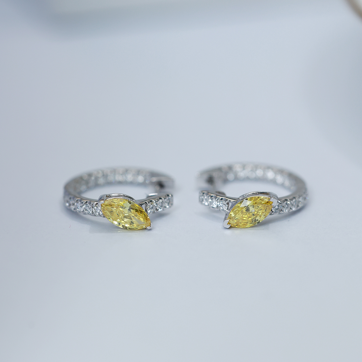 1.3 Carat Total Weight Marquise Cut Yellow and White Lab Grown Diamond Leaf Huggies Hoop Earrings-Light Mark